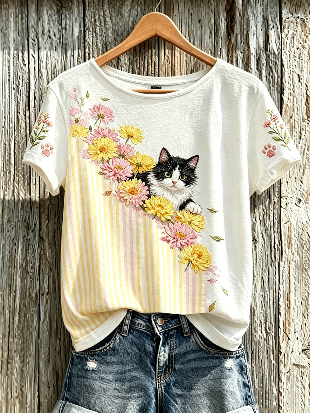 T-shirt décontracté à manches courtes imprimé mignon motif chat et fleur pour femme