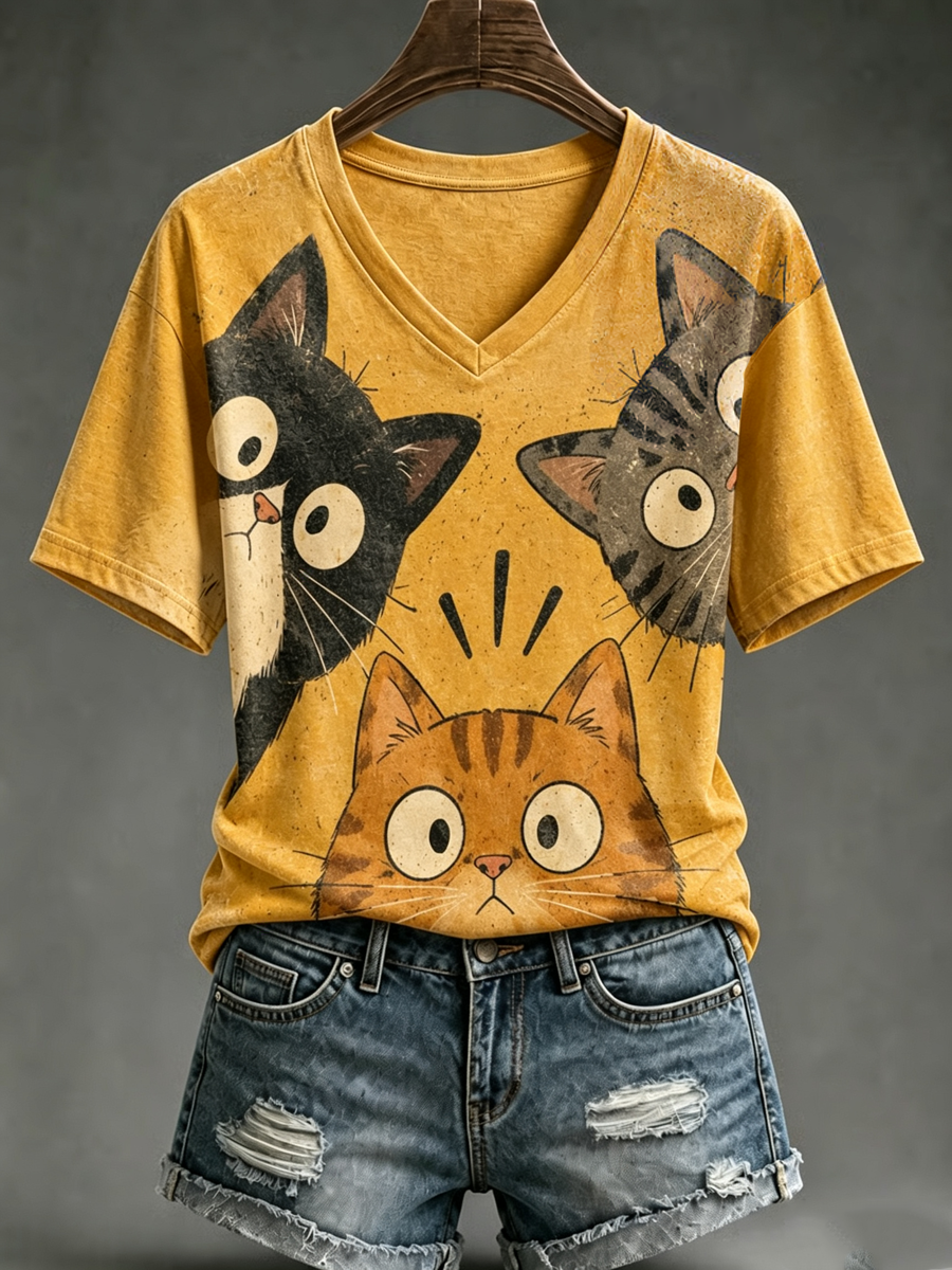 T-shirt femme imprimé chat mignon à manches courtes