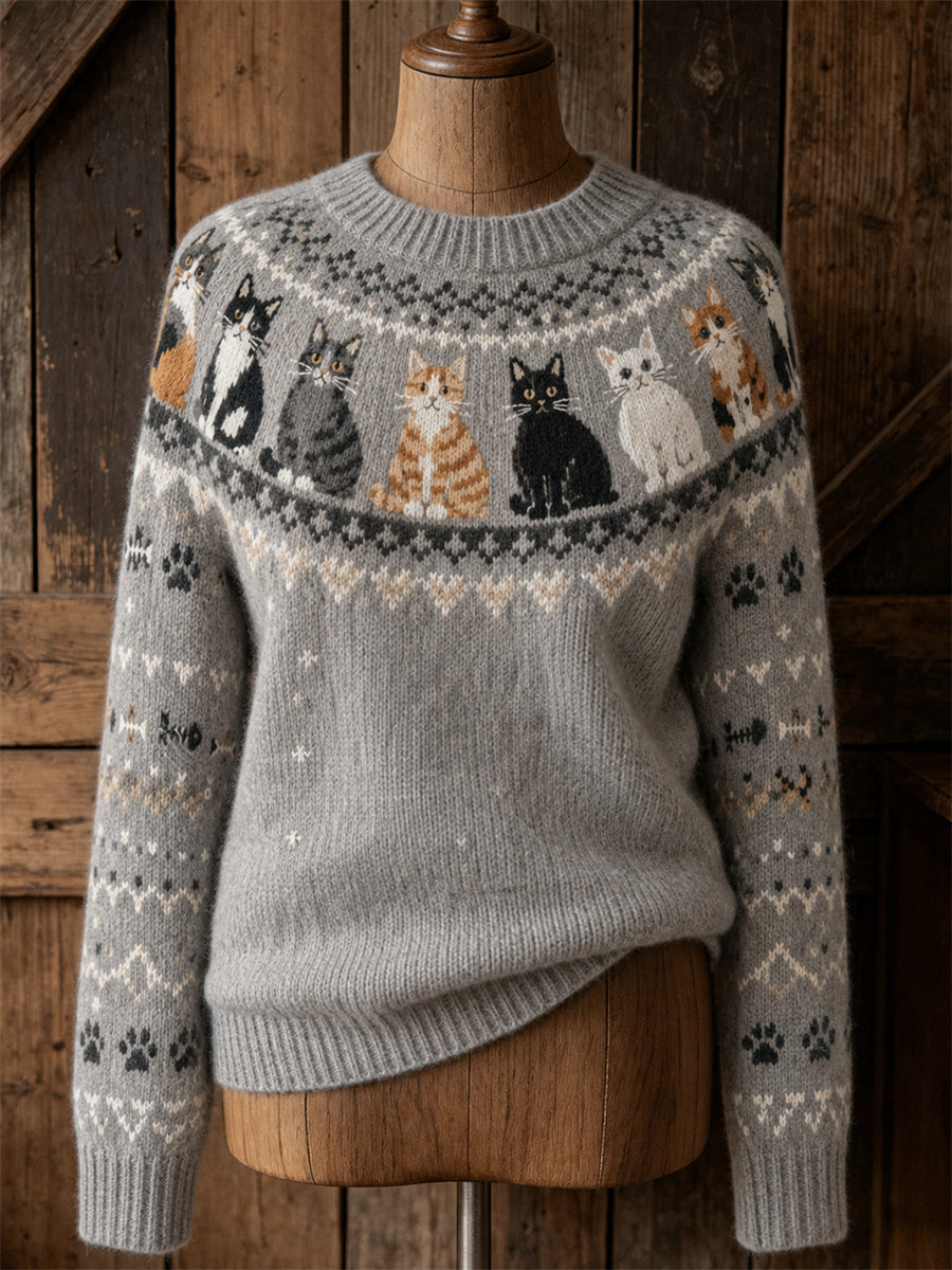 Femmes Vintage Cats Empiècement Isle Motif Imprimer Cozy ras du cou pull