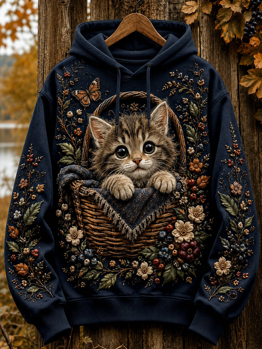 Femmes Automne Mignon Chat Art Drawstring Hoodie