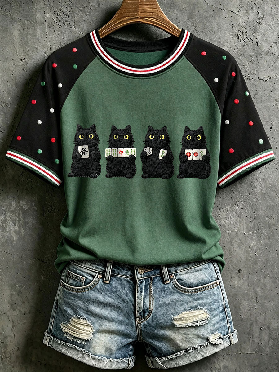 T-shirts noirs de Mahjong de chats des femmes