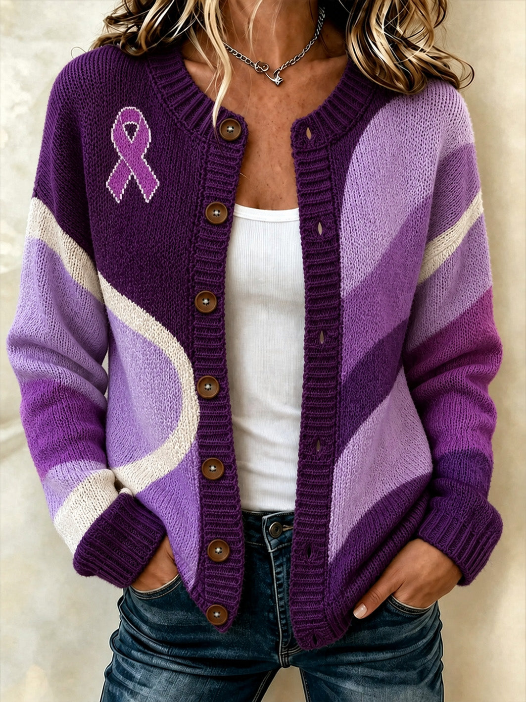 Veste en tricot décontractée style cardigan design violet bloc de couleur pour femmes