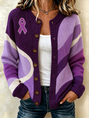 Veste en tricot décontractée style cardigan design violet bloc de couleur pour femmes