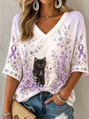 T-shirt à col en V pour femmes, motif floral violet avec chat, maladie d’Alzheimer