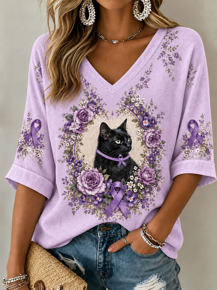 T-shirt à col en V pour femmes, motif floral violet avec chat, maladie d’Alzheimer