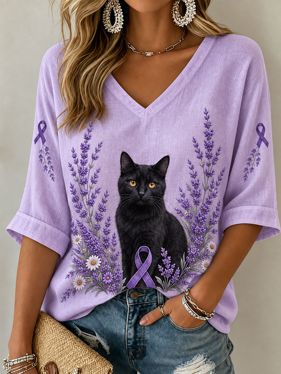 T-shirt Femme Violet Chat Floral Maladie d'Alzheimer Col V