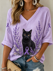 T-shirt Femme Violet Chat Floral Maladie d'Alzheimer Col V