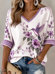 T-shirt décontracté à imprimé artistique violet pour femme