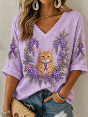 T-shirt Femme Violet Chat Floral Maladie d'Alzheimer Col V