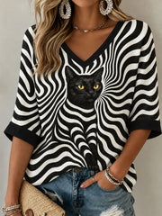 T-shirt femme noir à manches mi-longues et col en V