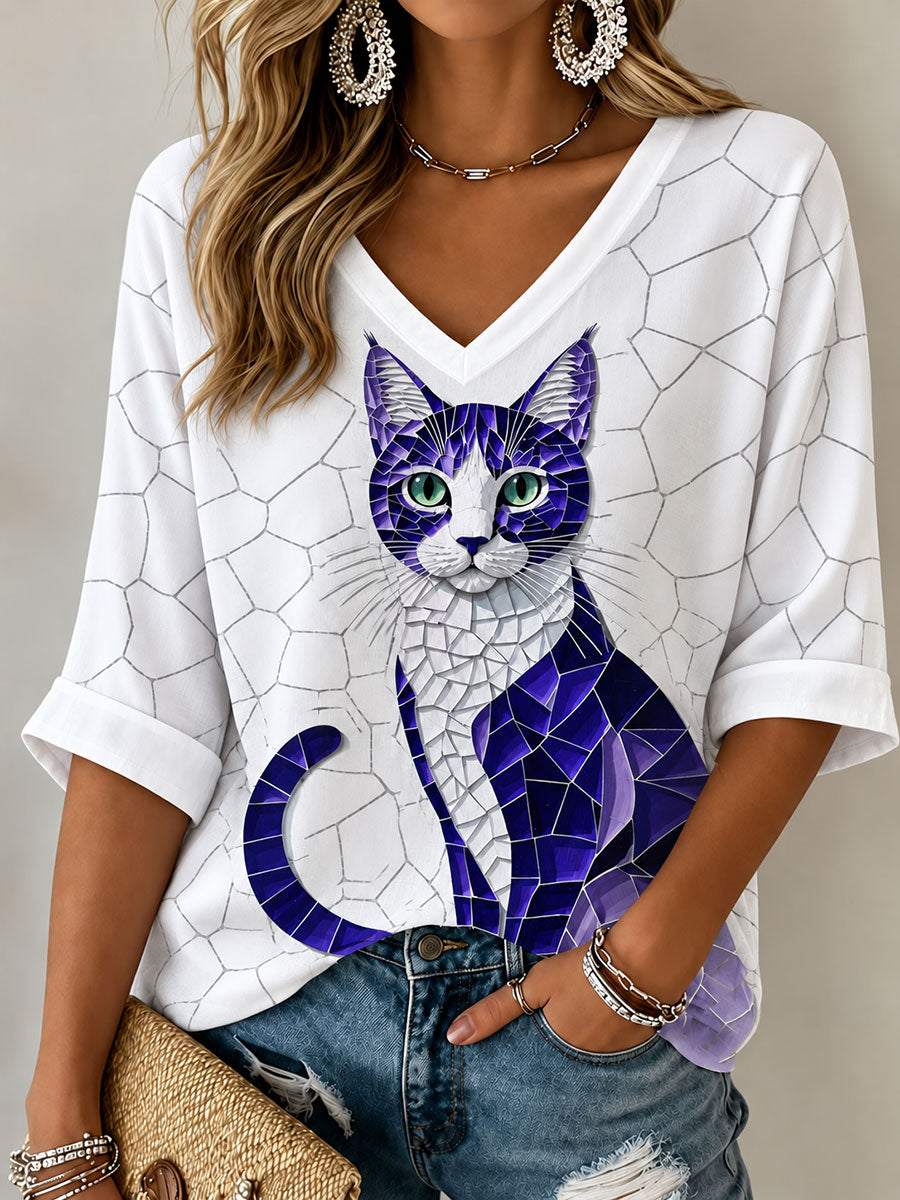 T-shirt à manches mi-longues Cat Art pour femmes