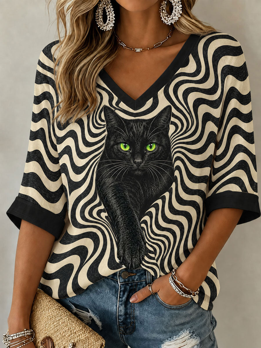 Tee-shirt Femme Chat Noir Manches Mi-longues Col V