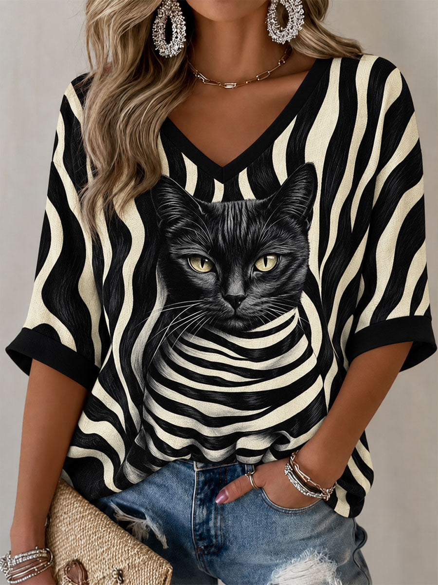 T-shirt femme noir à manches mi-longues et col en V