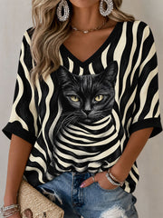 T-shirt femme noir à manches mi-longues et col en V