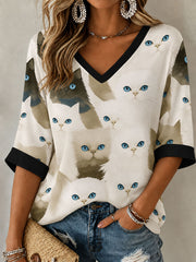 T-shirt femme motif chat à manches mi-longues et col en V