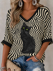 T-shirt femme noir à manches mi-longues et col en V