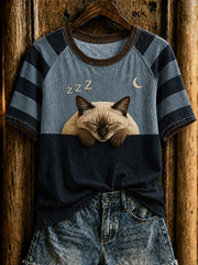 T-shirt femme à manches courtes et col rond, imprimé d’un mignon motif de chat
