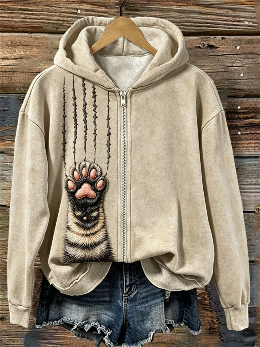 Sweat à capuche zippé intégral pour femme, motif poils et griffures de chat tabby