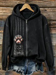 Femme Noir Chat Fuzzy Patte & Scratches Imprimer Full Zip Hoodie