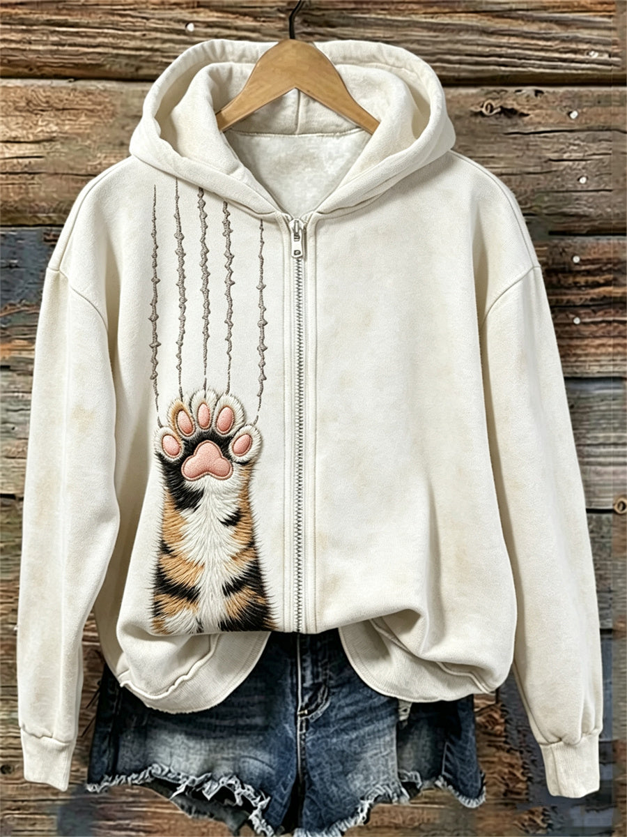Femmes Calico Cat Fuzzy Patte & Scratches Imprimer Full Zip Hoodie