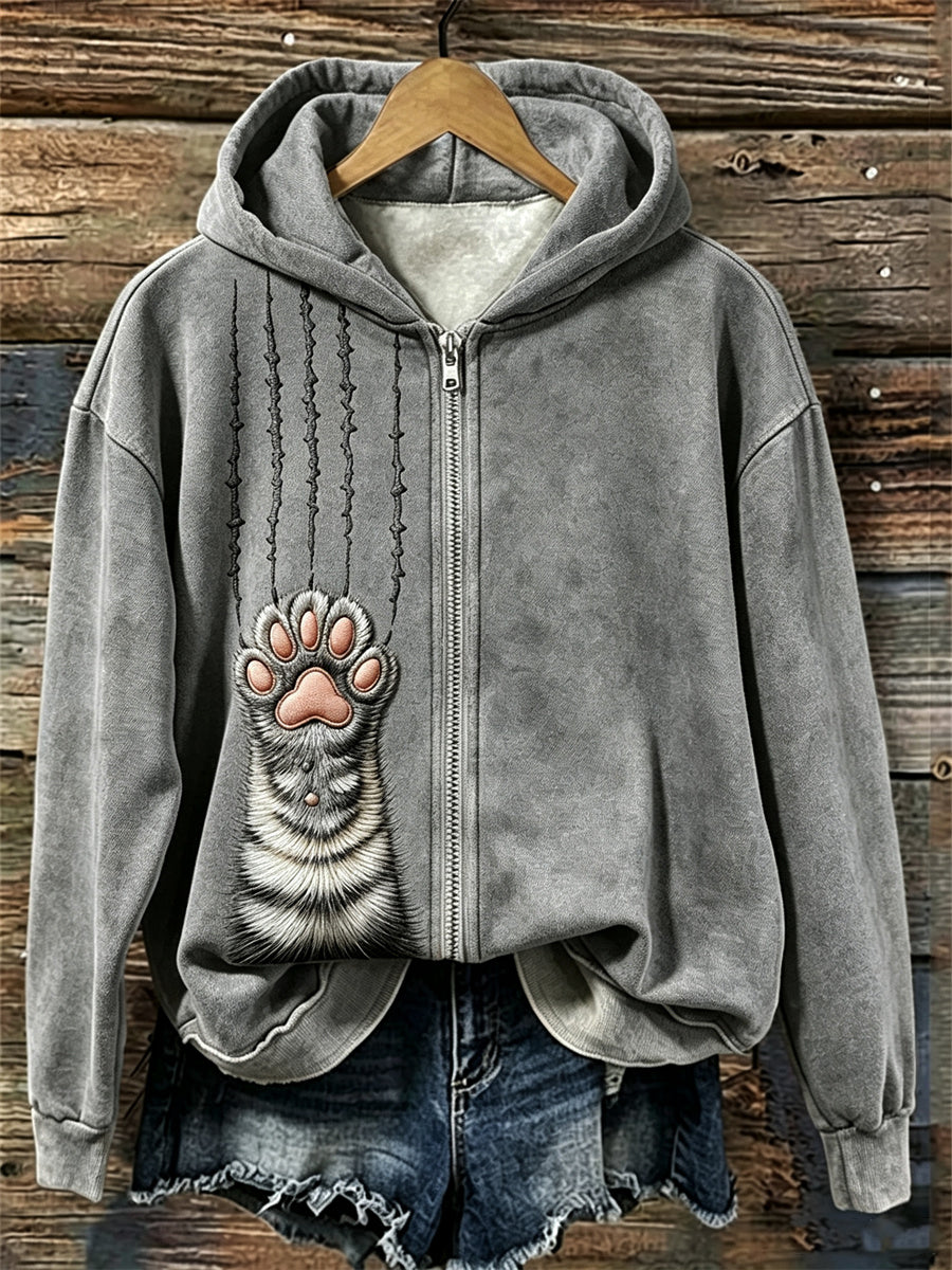 Sweat à capuche pour femme Tabby Cat Fuzzy Paw & Scratches Print Full Zip