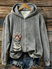 Sweat à capuche pour femme Tabby Cat Fuzzy Paw & Scratches Print Full Zip