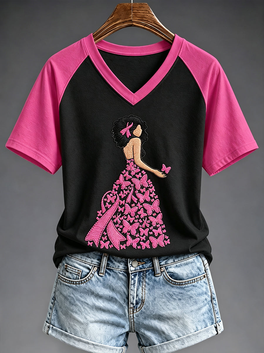 T-shirt à col en V imprimé de sensibilisation au cancer du sein chez la femme