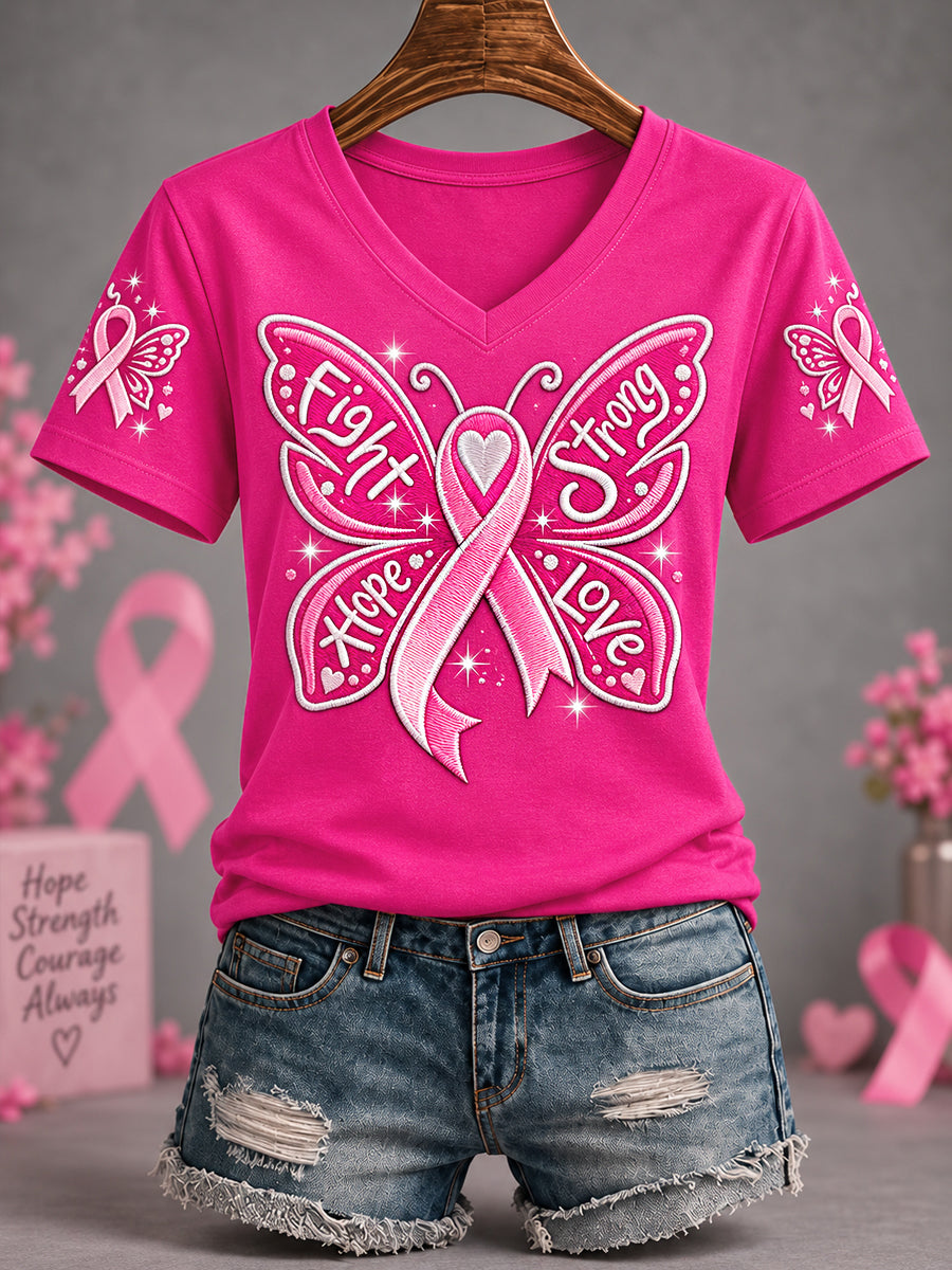 Ruban rose femmes lutte forte espoir amour papillon impression du cancer du sein soutien v-Neck Tee