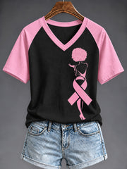 T-shirt à col en V imprimé de sensibilisation au cancer du sein chez la femme