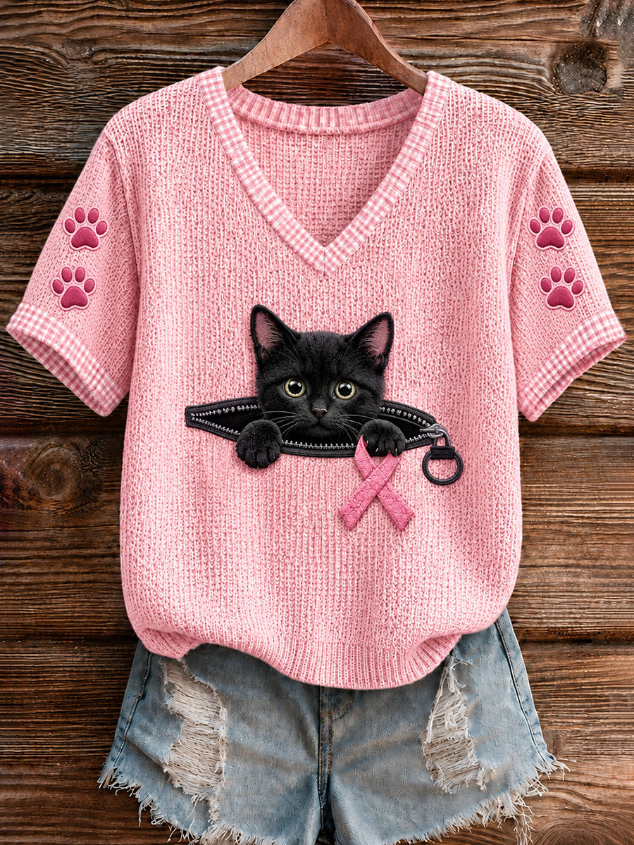 T-shirt à manches courtes Breast Cancer Black Cat Femme