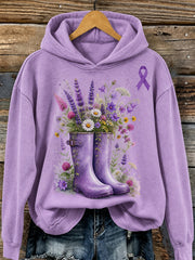 Sweat à capuche confortable pour femme, ruban violet et imprimé floral, bottes de pluie