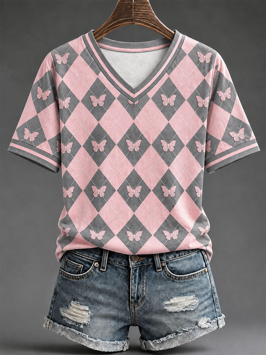T-shirt Décontracté Femme Rose Style Preppy Argyle
