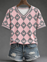 T-shirt Décontracté Femme Rose Style Preppy Argyle