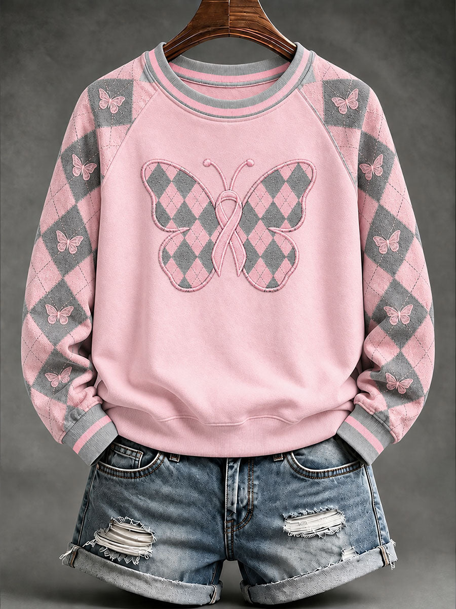 Sweatshirt Femme Rose Style Preppy Argyle Décontracté Manches Raglan
