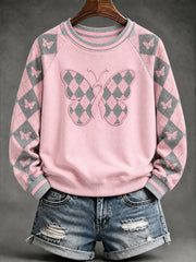 Sweatshirt Femme Rose Style Preppy Argyle Décontracté Manches Raglan