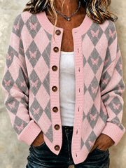 Veste Femme Rose Style Preppy Argyle Décontractée En Tricot Style Cardigan