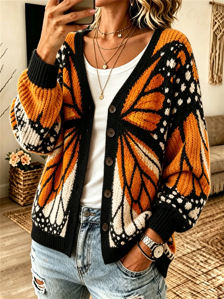 Cardigan confortable pour femme, collection automne, motif inspiré du papillon monarque