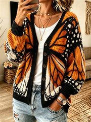 Cardigan confortable pour femme, collection automne, motif inspiré du papillon monarque