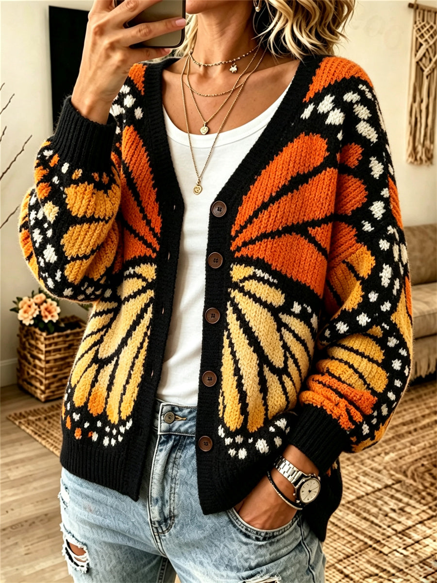 Cardigan confortable pour femme, collection automne, motif inspiré du papillon monarque
