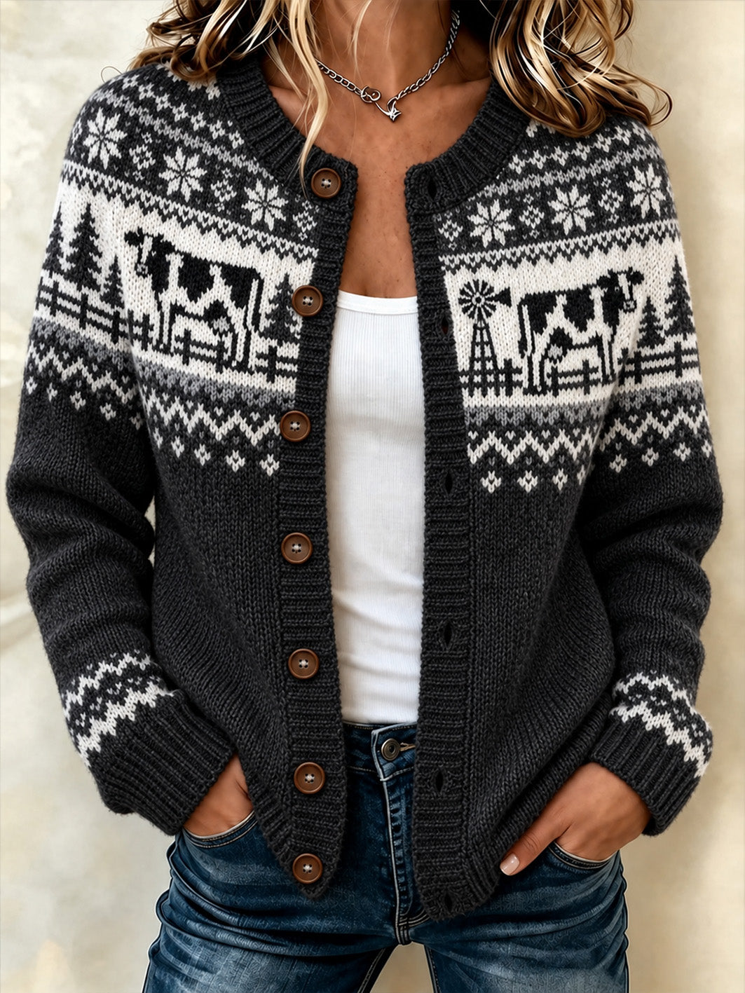 Veste en maille décontractée à boutonnage croisé, imprimée d’un motif vache de ferme pour femme