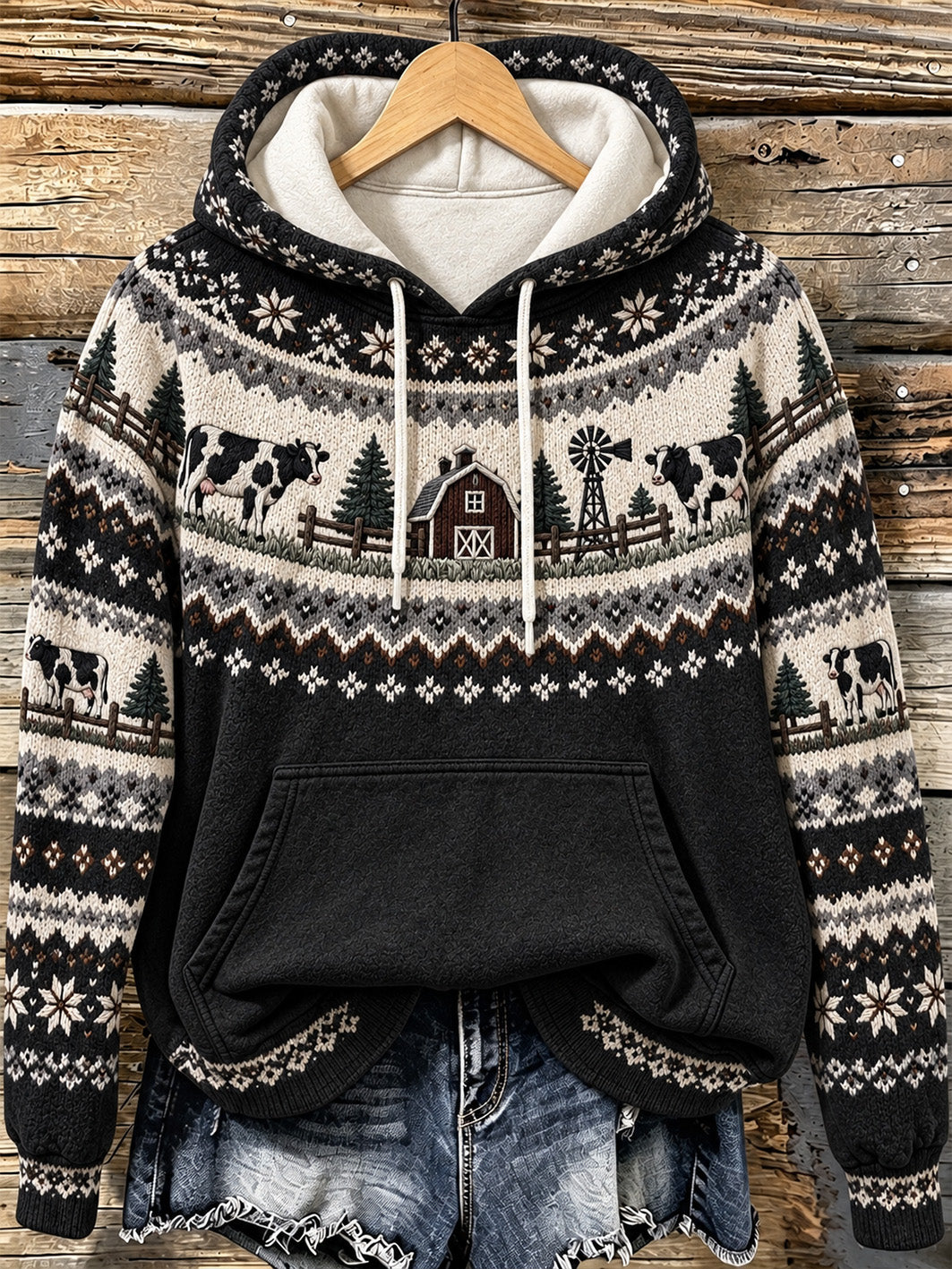Sweat à capuche décontracté imprimé motif vache de ferme pour femme