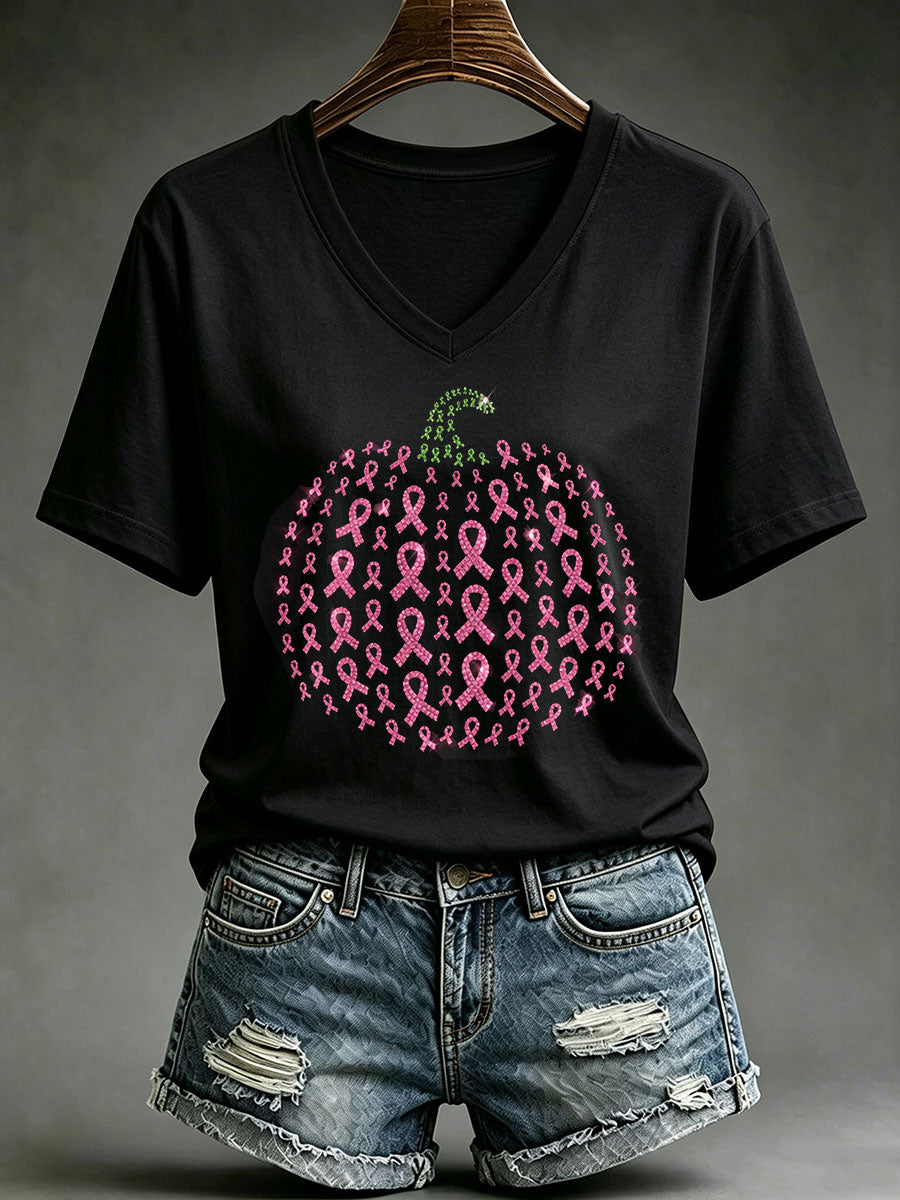 T-shirt à manches courtes pour la sensibilisation au cancer du sein chez les femmes, motif citrouille d’Halloween