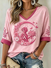 T-shirt femme à manches mi-longues à motif anti-cancer rose imprimé décontracté