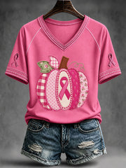 T-shirt à col en V motif citrouille pour la sensibilisation au cancer du sein chez les femmes