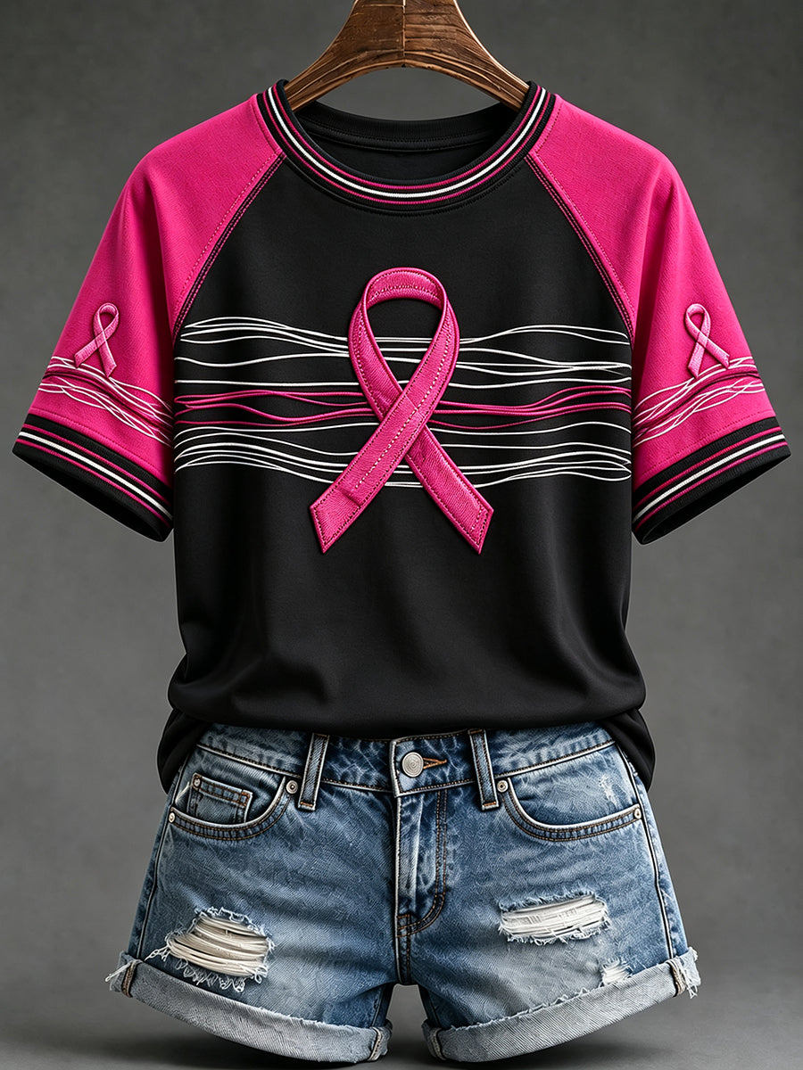 T-shirt femme à manches courtes imprimé ruban rose sensibilisation au cancer du sein