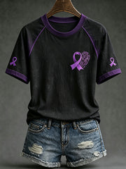 T-shirt décontracté imprimé à motif anti-cancer violet pour femme