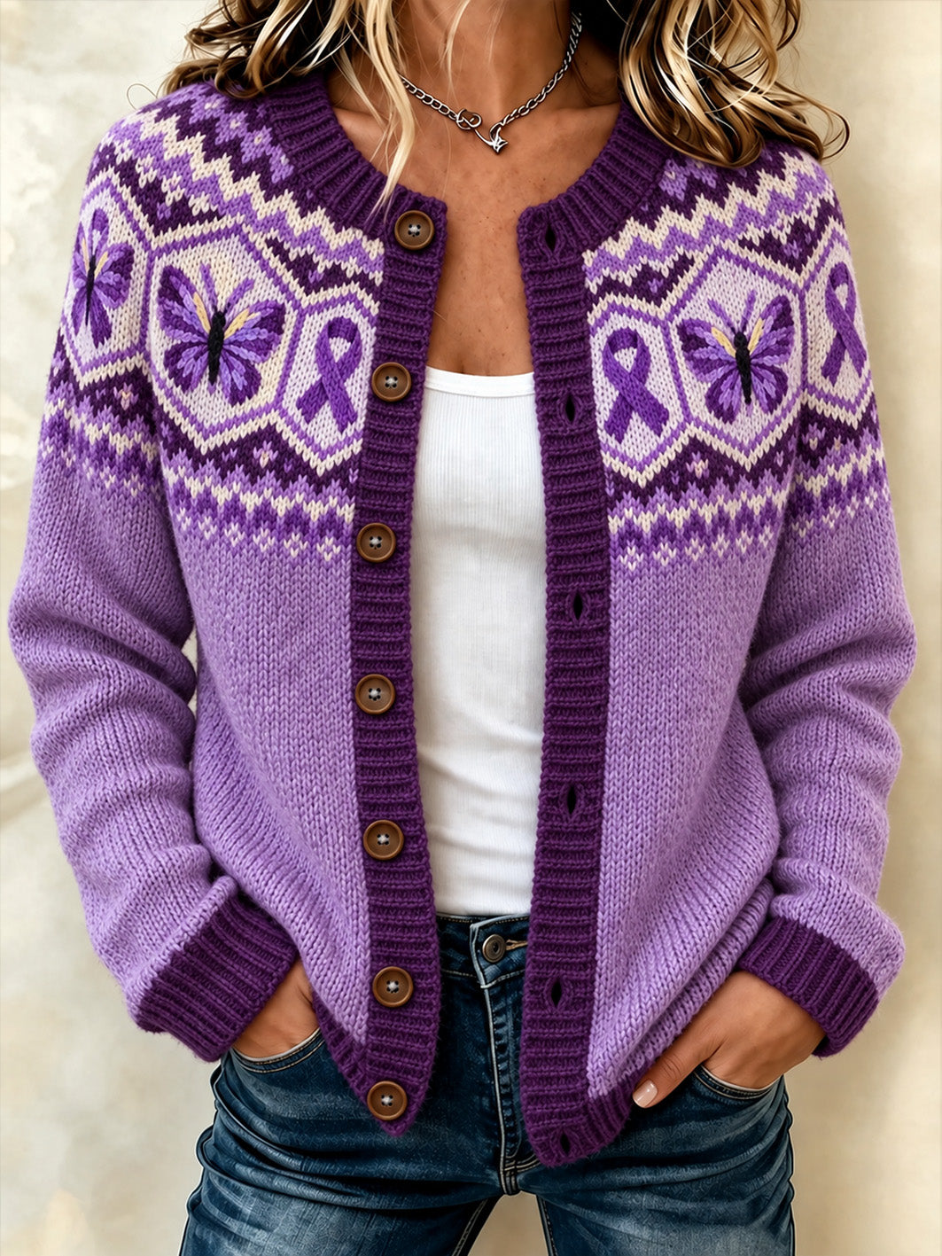 Le papillon des femmes et le ruban de charité violet conçoivent la veste en tricot de style cardigan causal