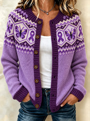Le papillon des femmes et le ruban de charité violet conçoivent la veste en tricot de style cardigan causal