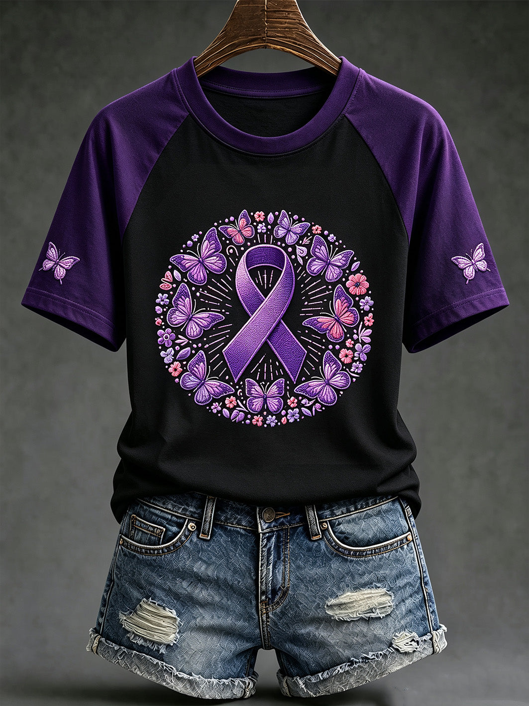 T-shirt décontracté à manches courtes pour femme, violet, imprimé motif anti-cancer