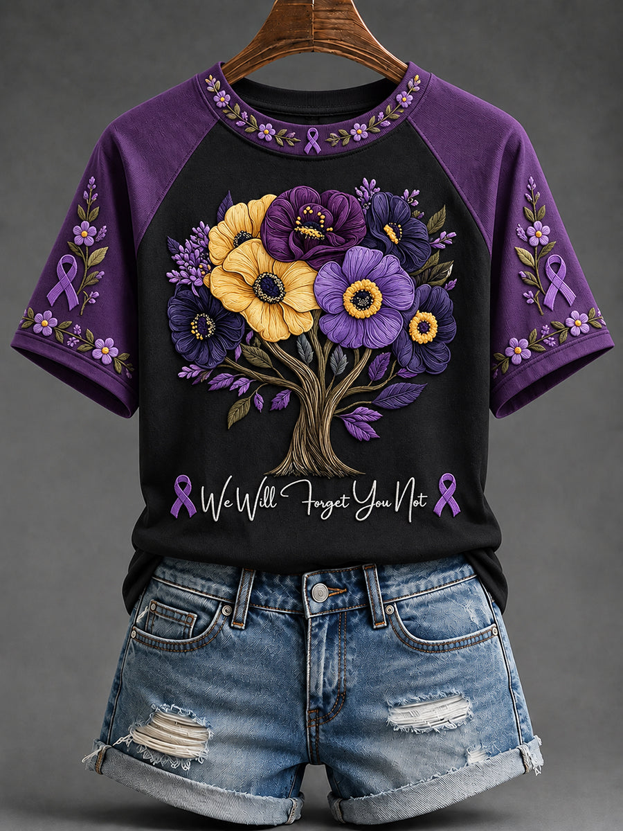 T-shirt à manches courtes à imprimé floral et ruban violet pour femme